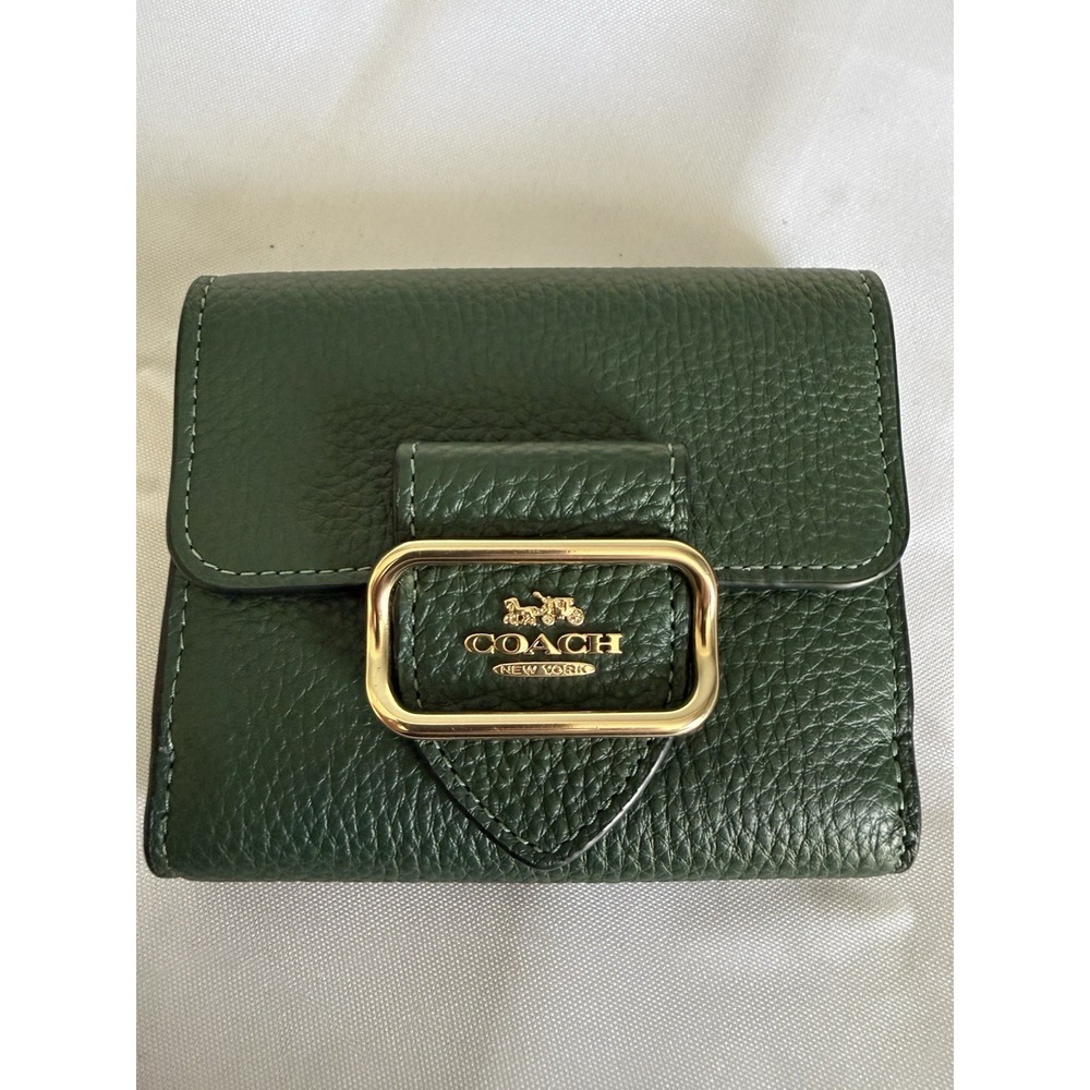 COACH PEBBLED LEATHER MORGAN TRIFOLD WALLET EVERGREEN FORREST GREEN GOLD